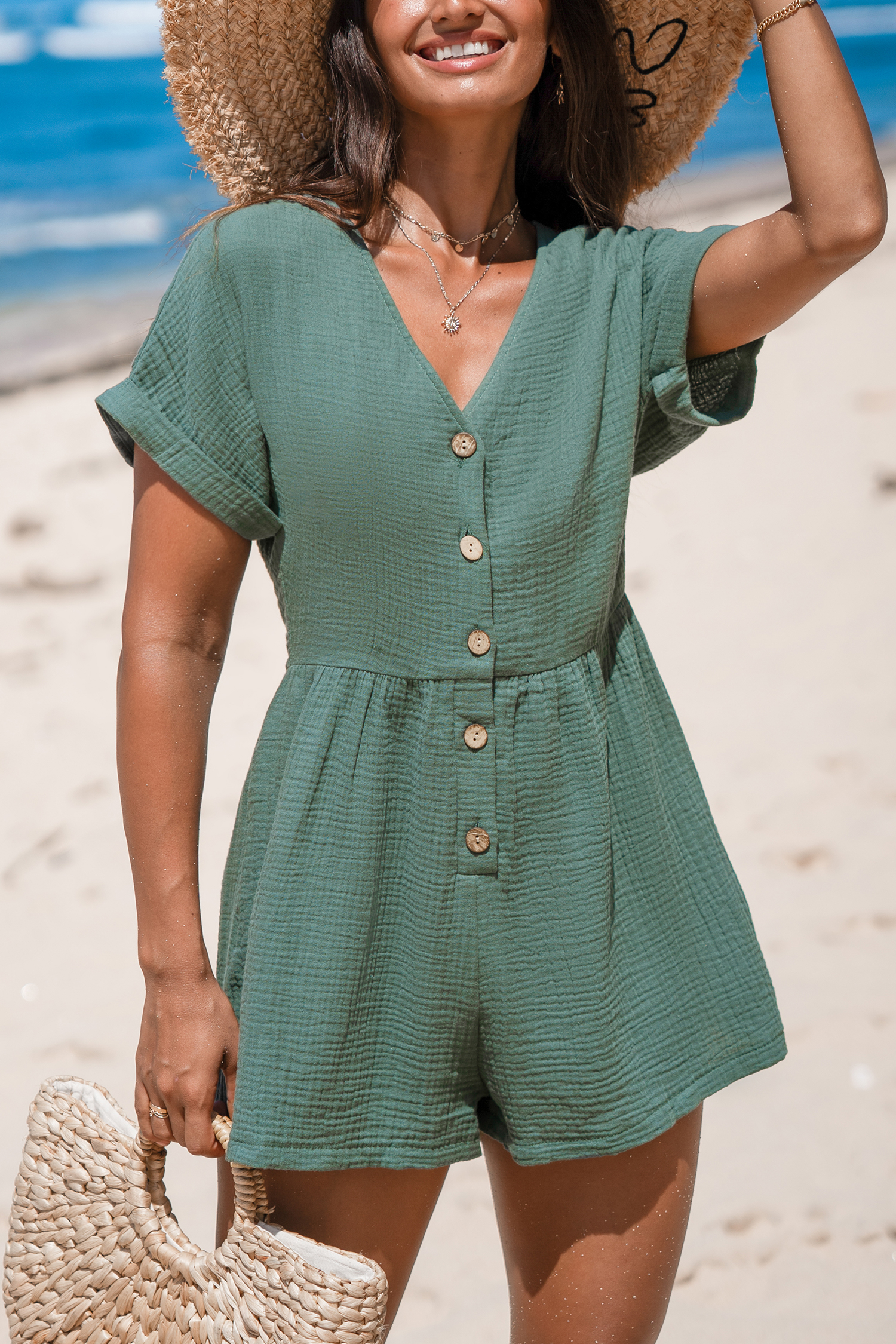 Combishort en pur coton à jambe large avec boutons vert
