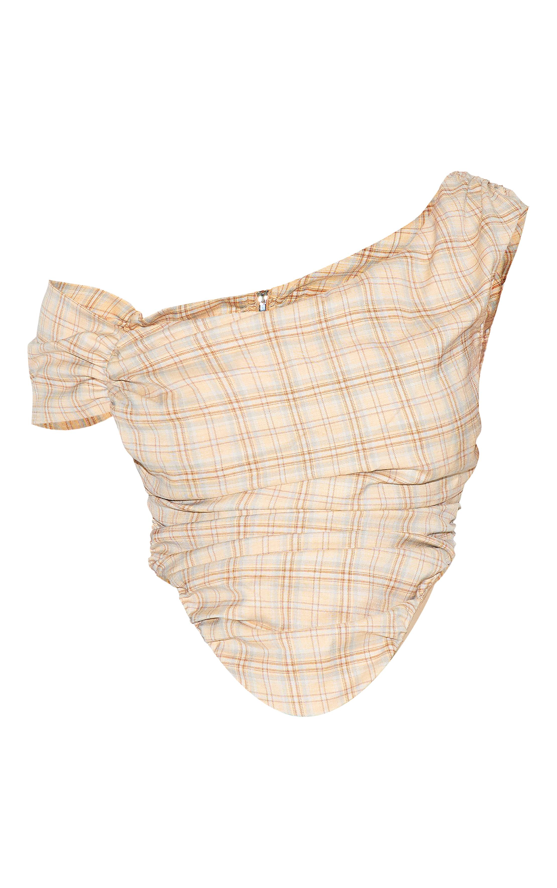 Beige Top Bardot Asymétrique À Carreaux