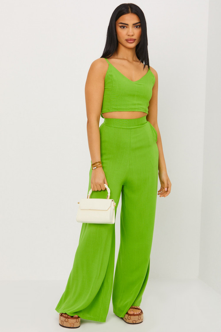 Ensemble effet lin 2 pièces crop top + pantalon vert clair