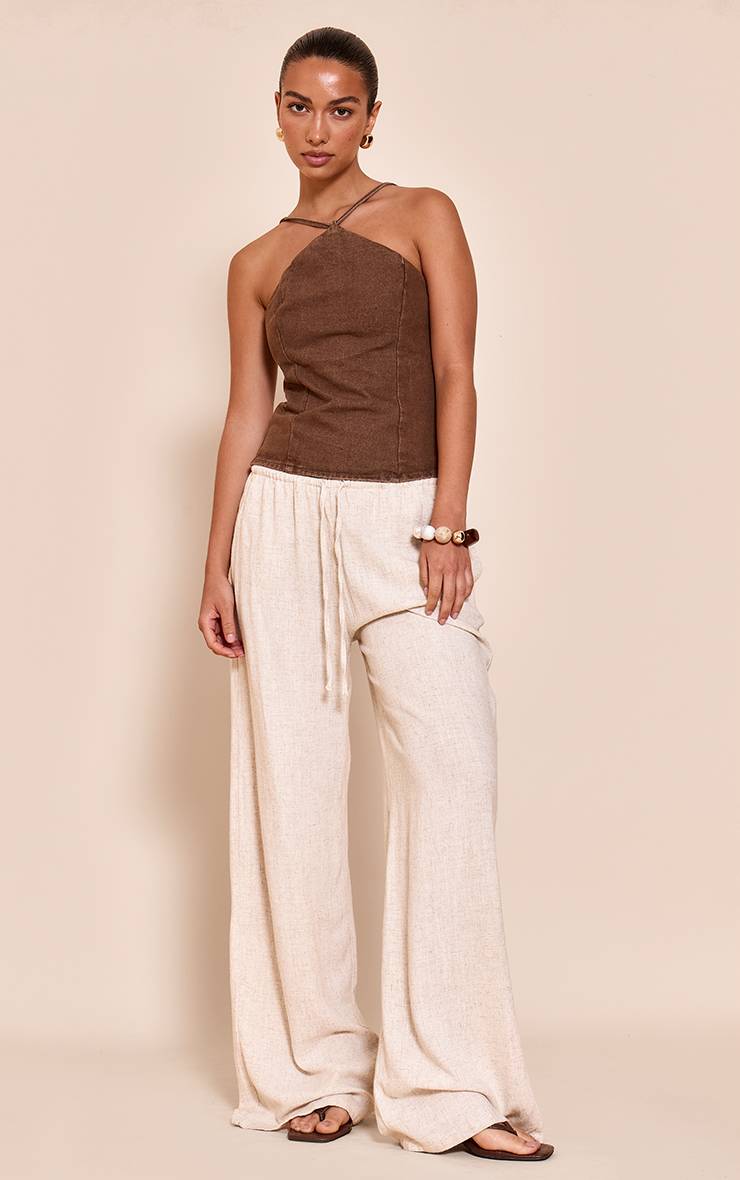 Washed Brown Top En Denim Stretch À Col Licou