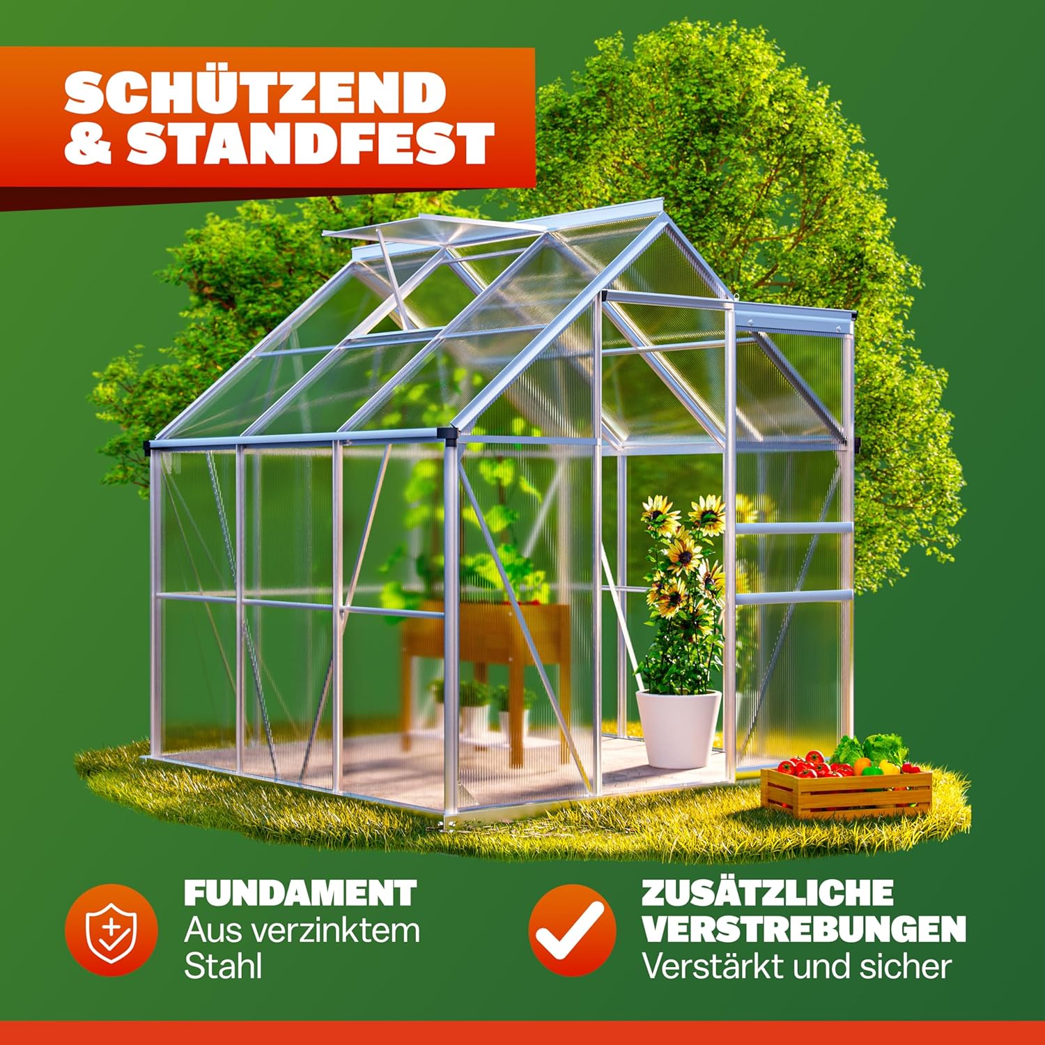 GARDEBRUK® Gewächshaus Aluminium 3,6m² mit Fundament 190x190cm inkl. Dachfenster Tomatenhaus Treibhaus Anzuchthaus Garten Frühbeet Aufzucht 5,8m³