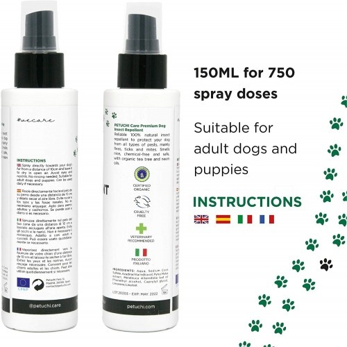 Repelente de insetos natural PETUCHI em spray para filhotes e cães.