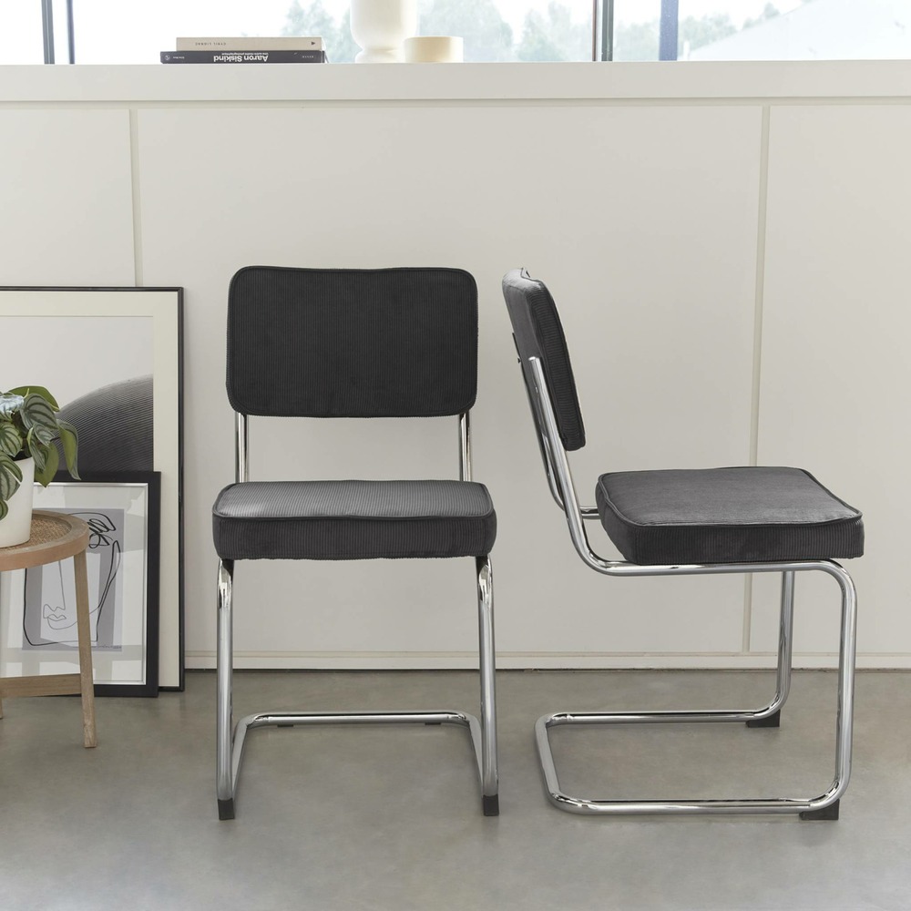 Lot de 2 chaises cantilever velours côtelé gris foncé l46 x p54.5x h84.5cm