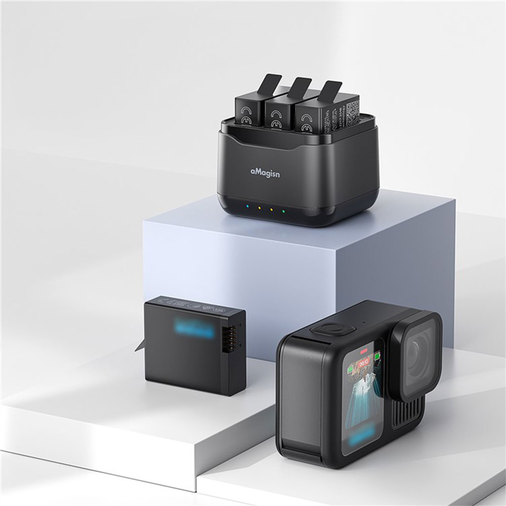 GoPro HERO13 Ladegerät 3-fach Ersatz Akku Ladestation Charger Micro SD Aufbewahrungsbox mit LED Anzeige   USB C Ladekabel - Schwarz