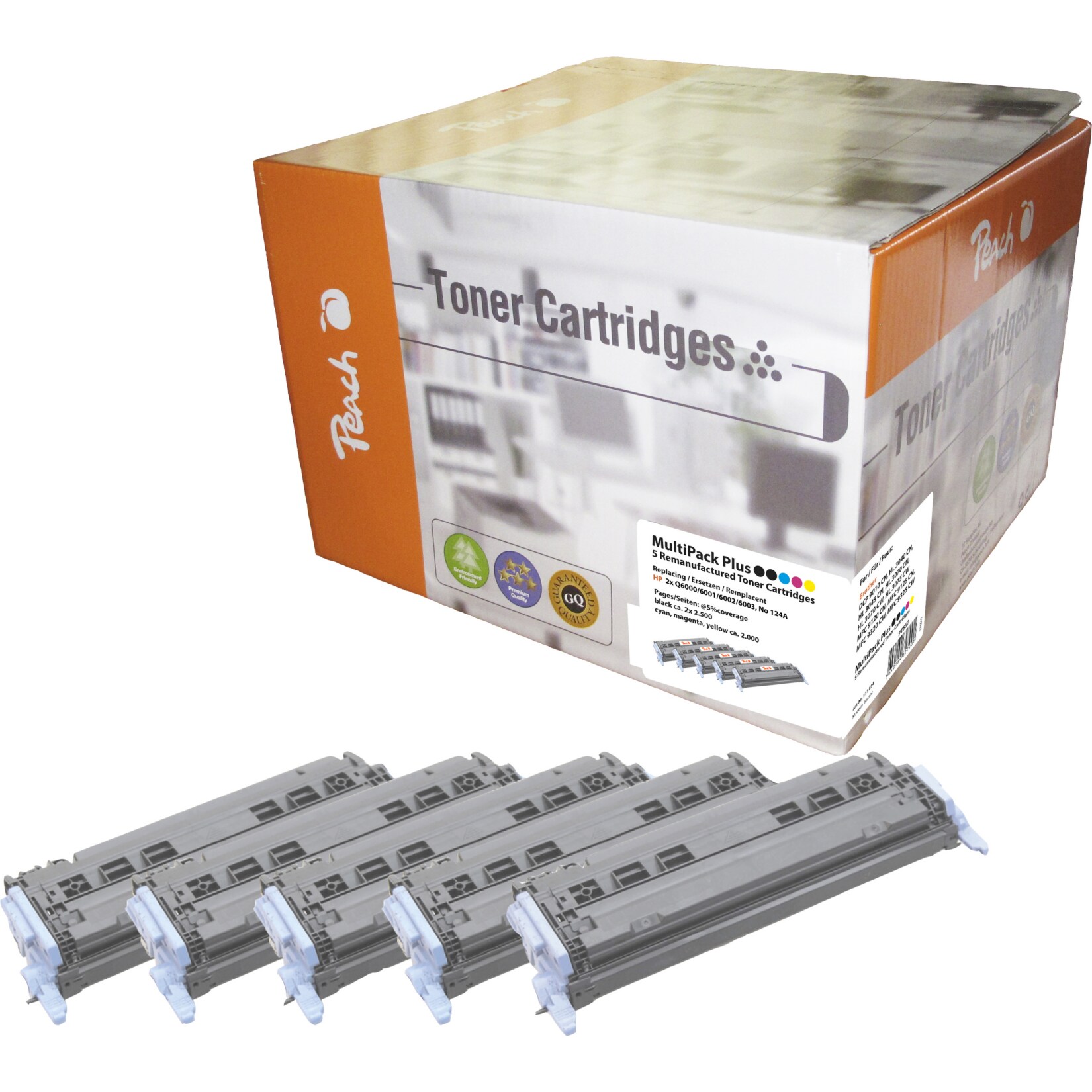 Peach HP 124 A 5 Toner (2*bk, c/m/y) ersetzt HP No. 124A, Q6000A*2, Q6001A, Q6002A, Q6003A für z.B. HP Color LaserJet 1600, HP Color LaserJet 2600 (wiederaufbereitet)