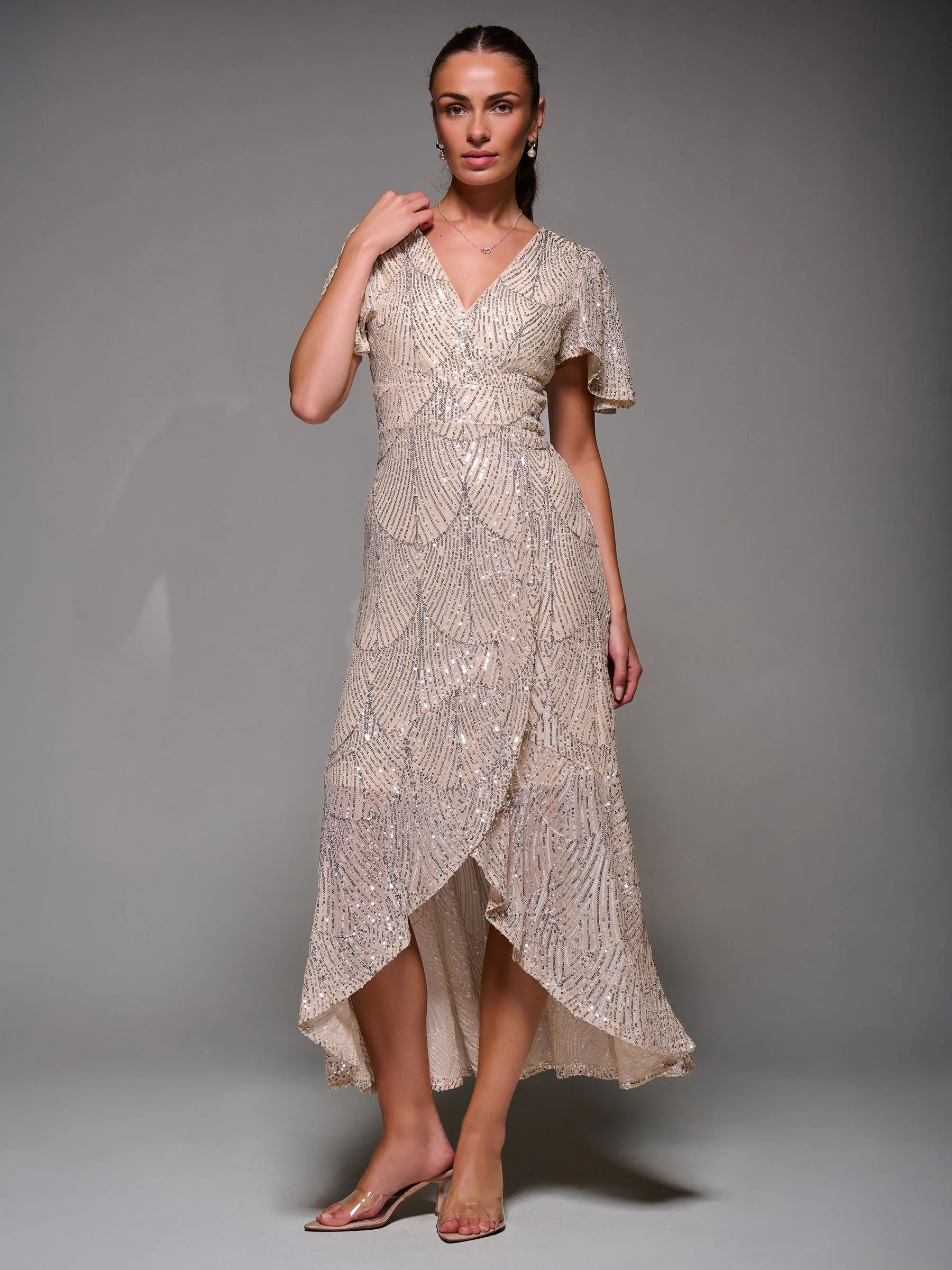 Licht beige - Jolie Moi Sequin Angel Sleeve Ruffle Hem Maxi Dress