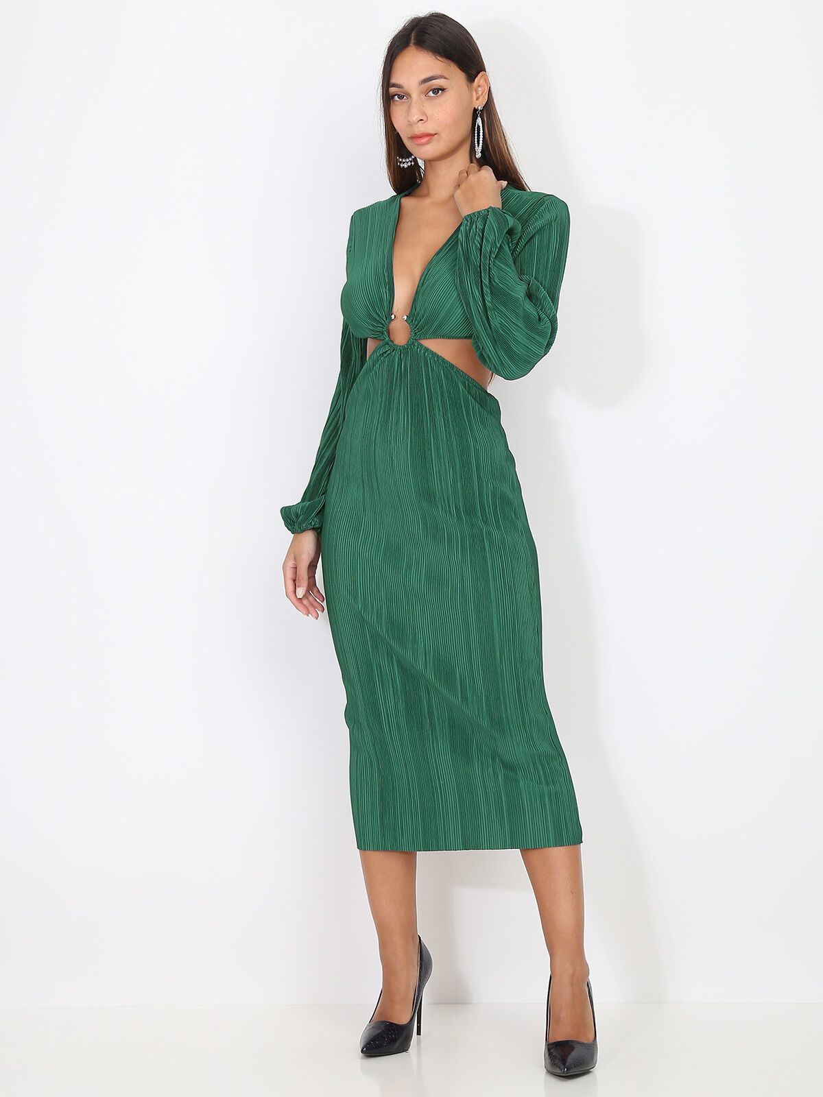 Robe plissée cut-out à anneau doré- Vert foncé