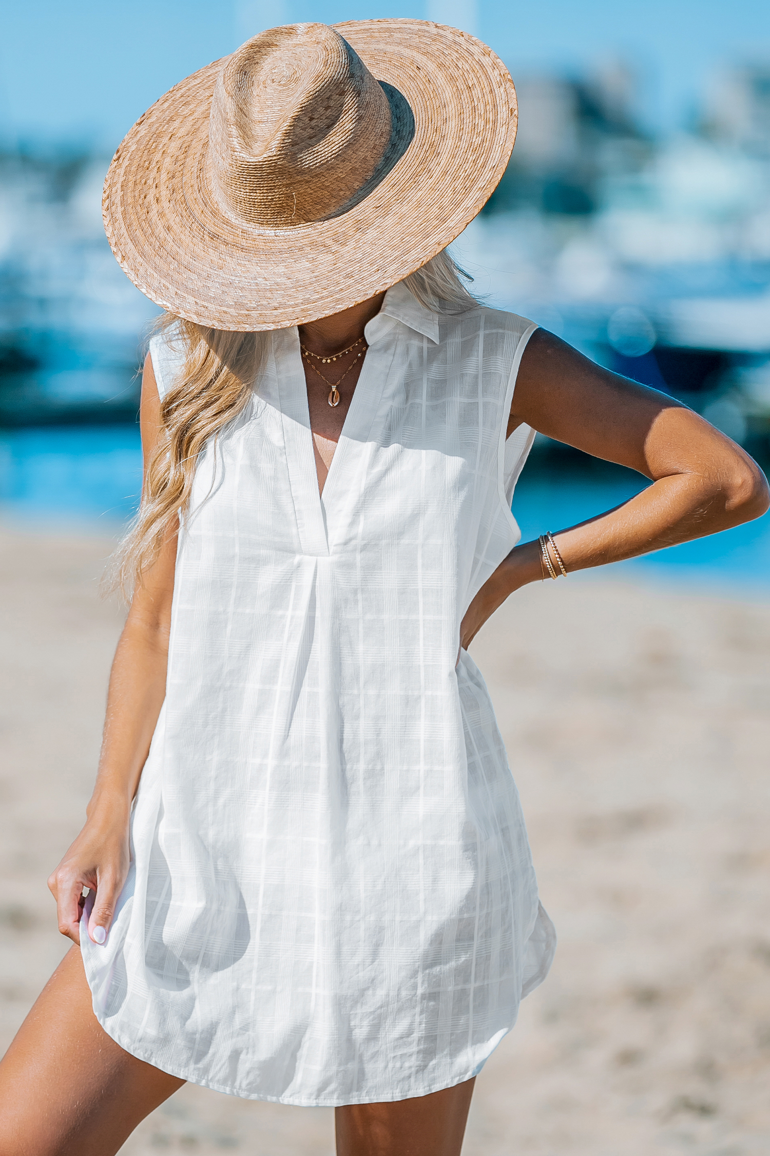 Robe cover up en pur coton mini à col en V chemise blanche