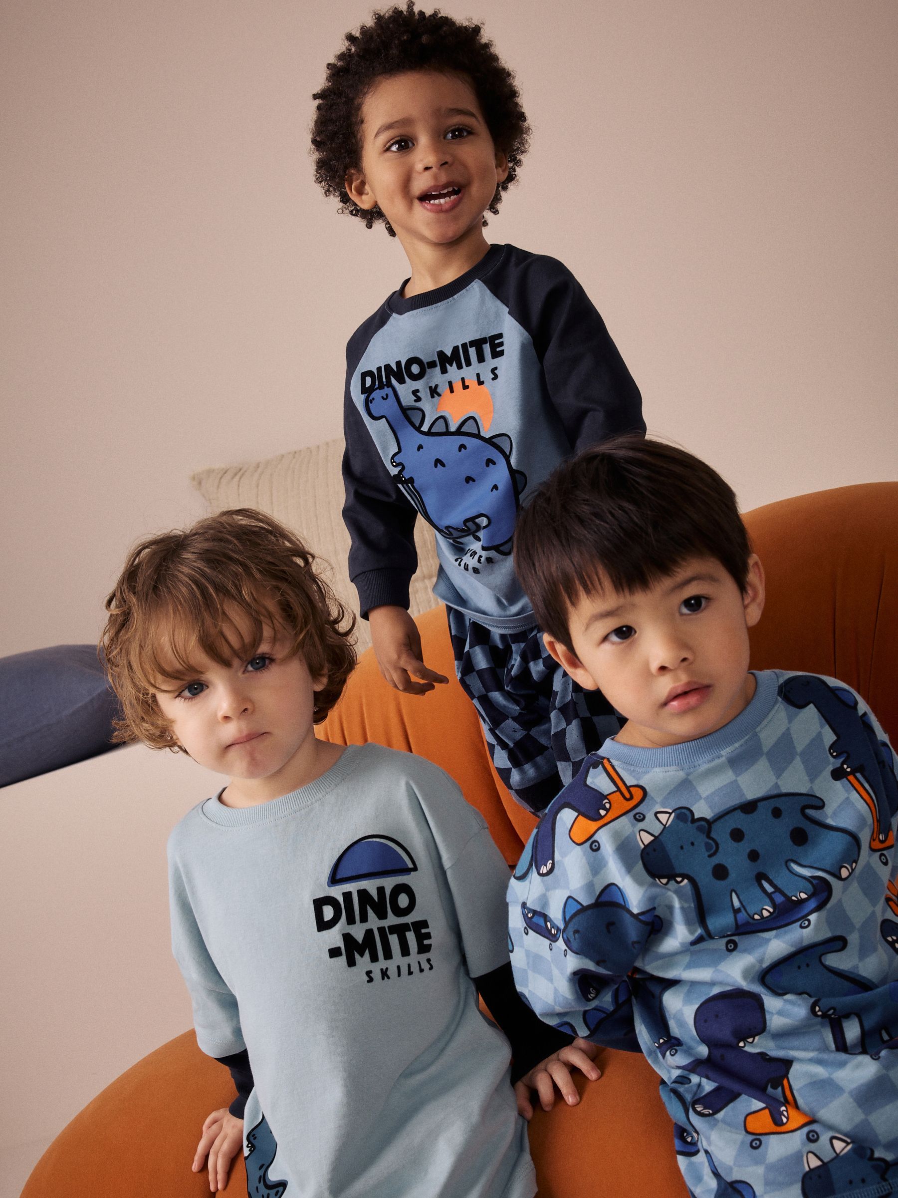 Oranje/marineblauwe met dinosaurusprint - Verpakking van 3 oversized pyjama's 3 (9mnd -10jr)