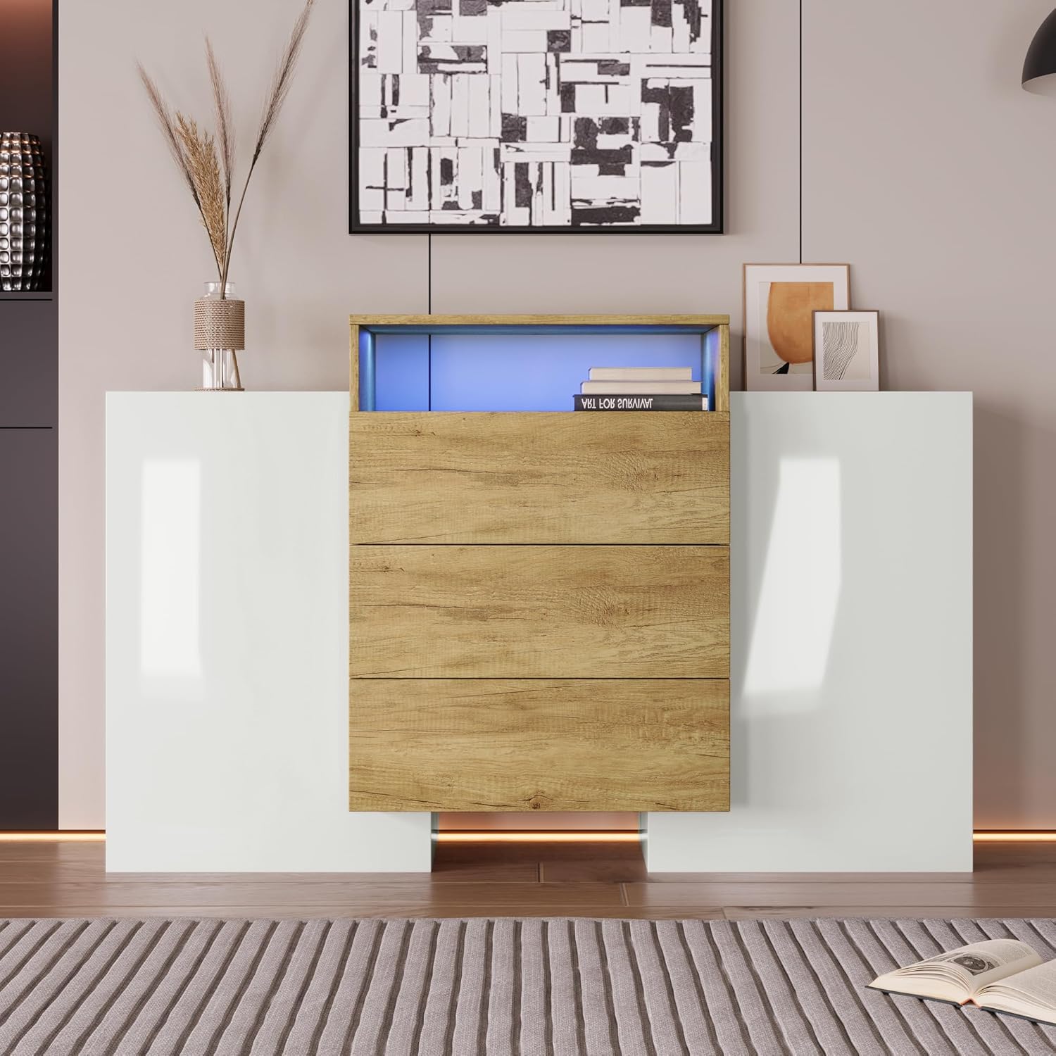 BTM Sideboard, 140 Kommode LED mit 3 Schubladen & 2 Türen, Moderne Glänzend Schrank Wohnzimmer, Hohe 140x30x90 cm, Weiss & Holz