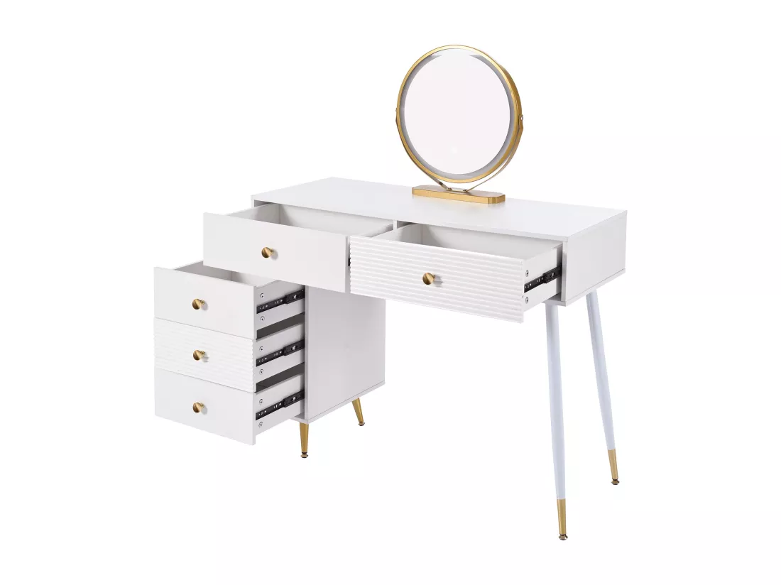 Coiffeuse avec miroir et éclairage LED - 2 tiroirs et une armoire amovible - Blanc (tabouret non inclus)