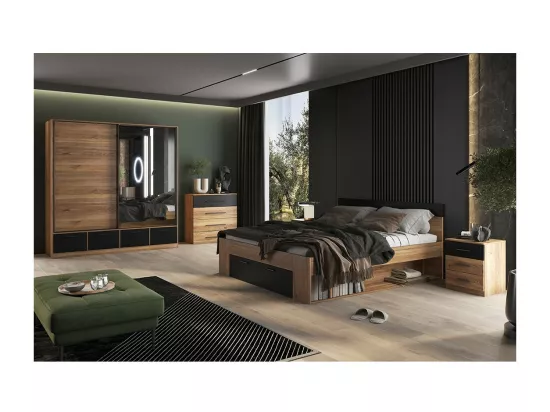 Chambre à coucher design collection EOS : Armoire, Lit 180x200, commode, chevets. Couleur chêne clair et noir