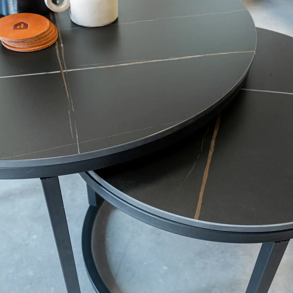 Salontafel set van 2 Trevor marmer zwart rond - 68x68x43 cm - Stoneware - Zwart