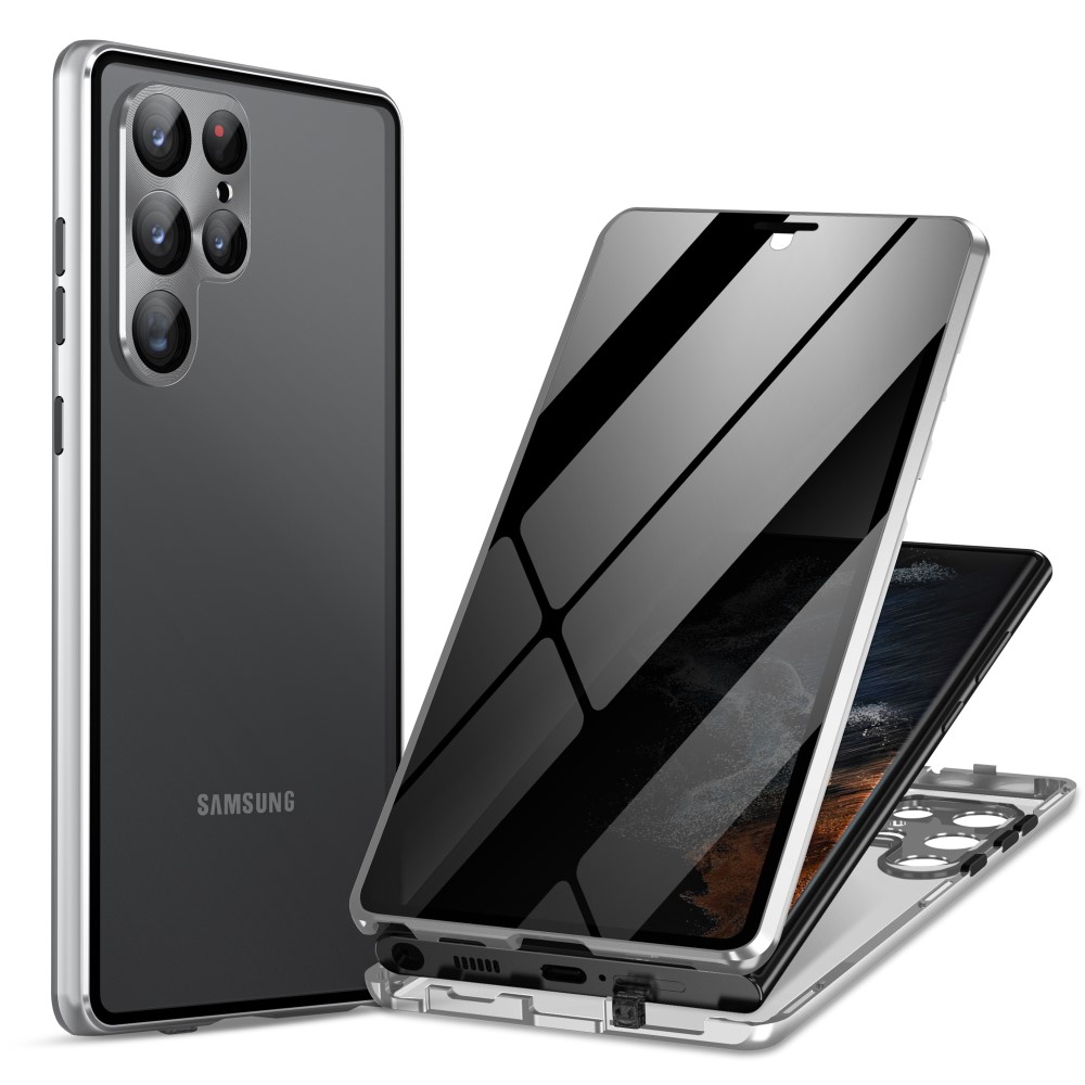 Samsung Galaxy S23 Ultra 5G Magnetische Alu Schutzhülle mit Panzer Glas Backcover   Privacy Display- / Kameraglasschutz (Verschlussmechanismus) - Silber
