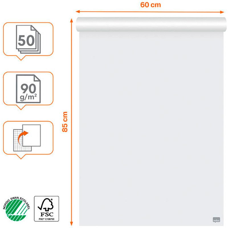 Bloc paperboard 50 feuilles blanches premium unies/quadrillées Nobo 60 x 85 cm