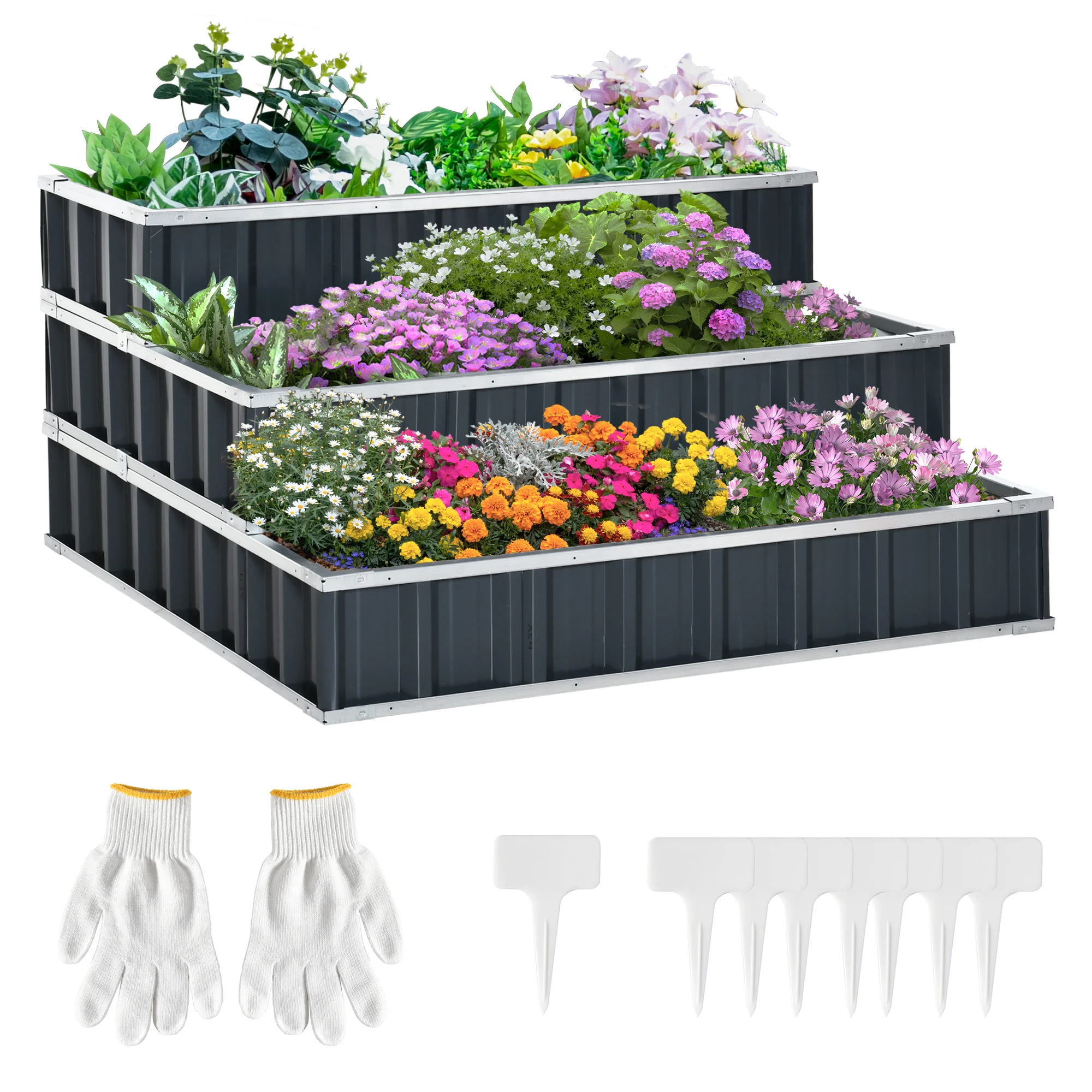 Jardineira urbana Outsunny de 3 níveis, em aço, 118x118x62 cm, estilo escada, para plantas e flores, ideal para terraços externos, cinza.