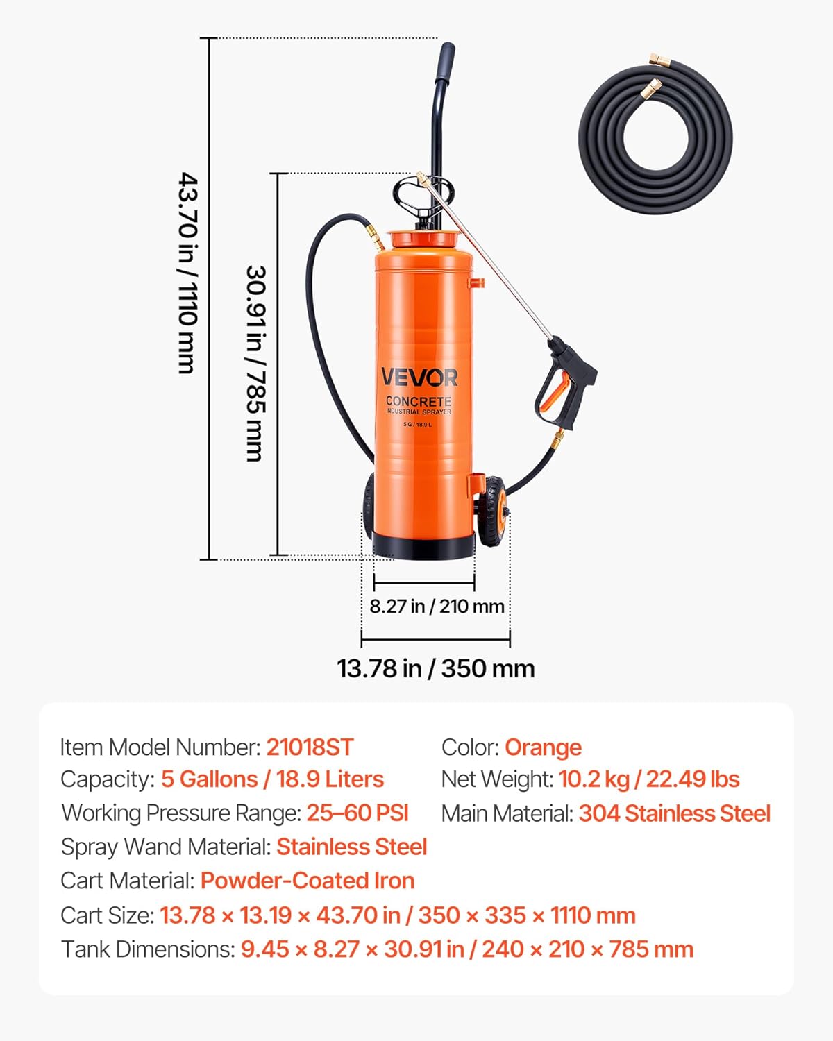 VEVOR Drucksprüher 18,9 L, industrieller Betonsprüher mit Rolle, Edelstahlsprüher, Hochleistungs-Pumpsprüher, inkl. Schläuche, 2 Messingdüsen, ideal für BAU, Rasen und Garten