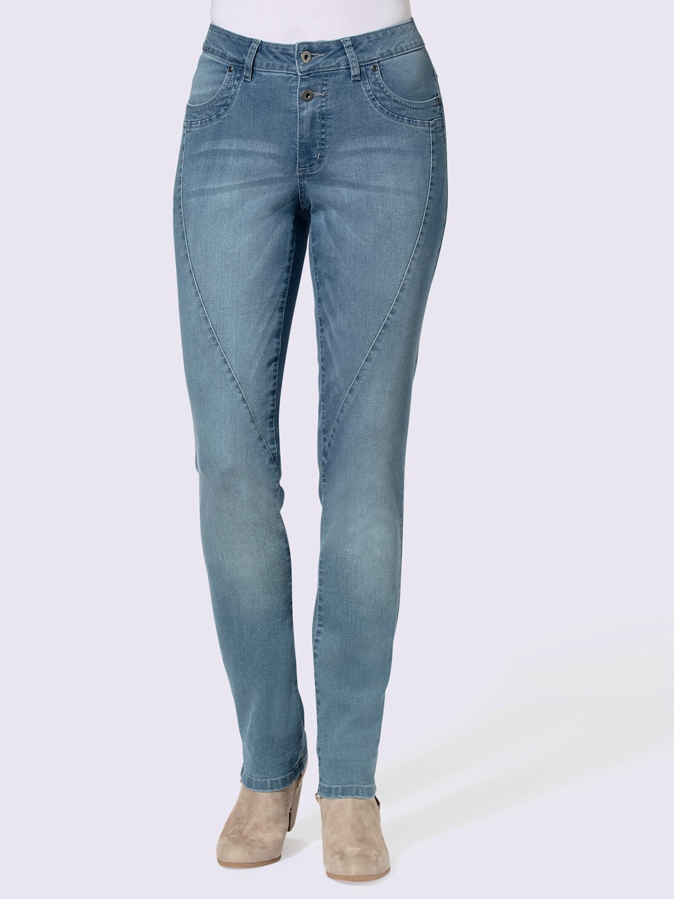 Jean femme coupe boyfriend délavé avec coutures décoratives