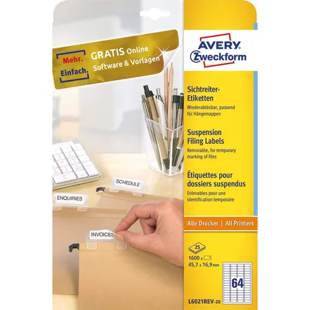 Avery Zweckform L6021REV-25 Sichtreiter-Etiketten,A4 45,7 x 16,9 mm, 25 Bogen/1.600 Etiketten, weiß