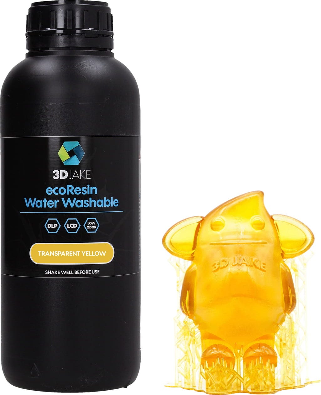 3DJAKE  ecoResin Water Washable Transparent Gelb, 1.000 g    Hochwertiges, wasserwaschbares Resin für effizienten 3D-Druck in Transparent Gelb