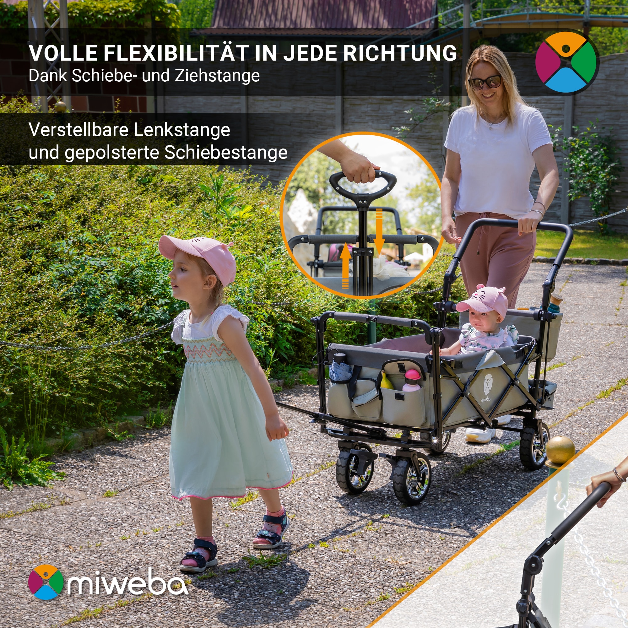 Miweba Bollerwagen MB-20 faltbar, Sonnendach, Schiebe- und Zugstange, Stauraumverlängerung, 360°-Räder (Hellgrau/Dunkelgrau)