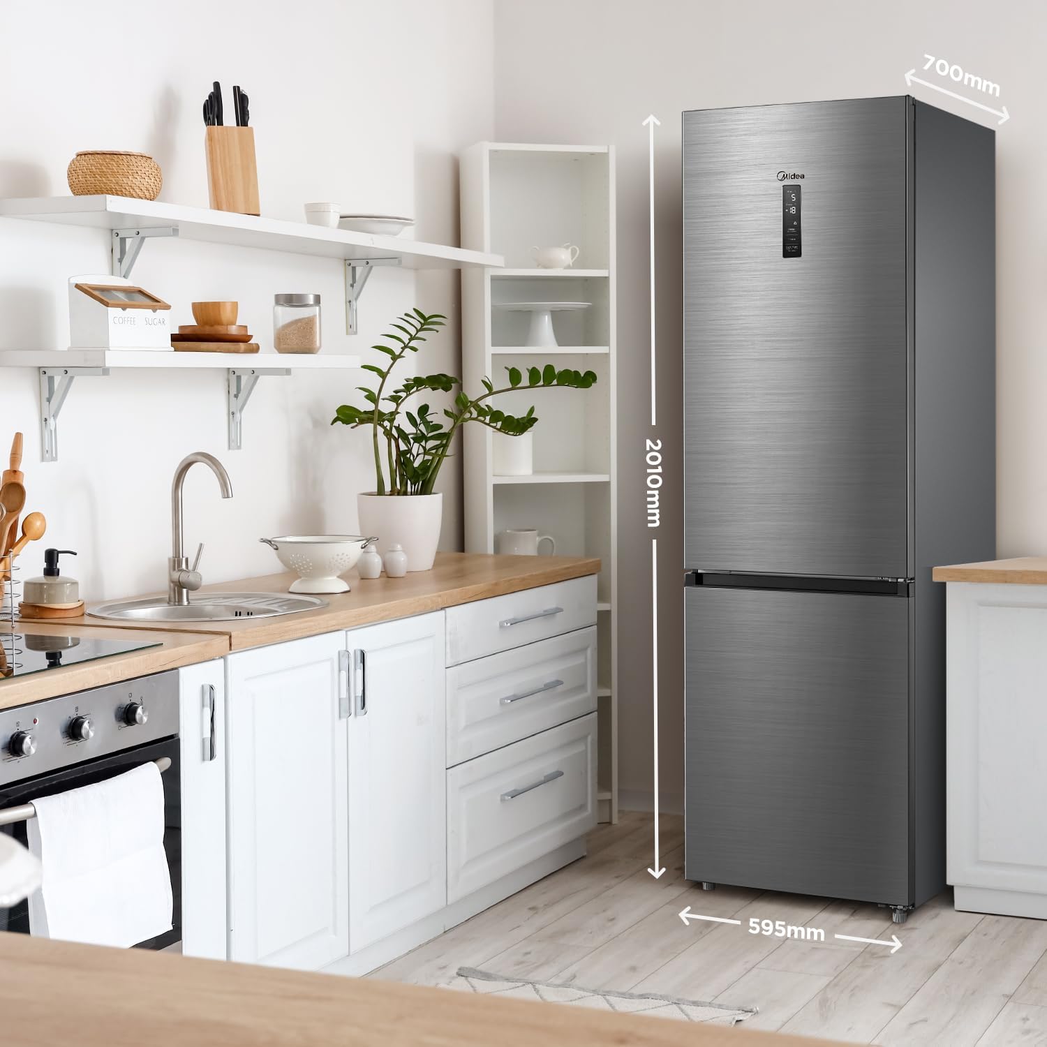 Midea MDRB521MIC46A Kühl-/Gefrierkombination/No Frost/WiFi-Steuerung/Inverter Kompressor/201 cm hoch / 59,5 cm breit /70 cm tiefe/177 kWh/Jahr/256 L Kühlteil/122 L Gefrierteil, Front Inox