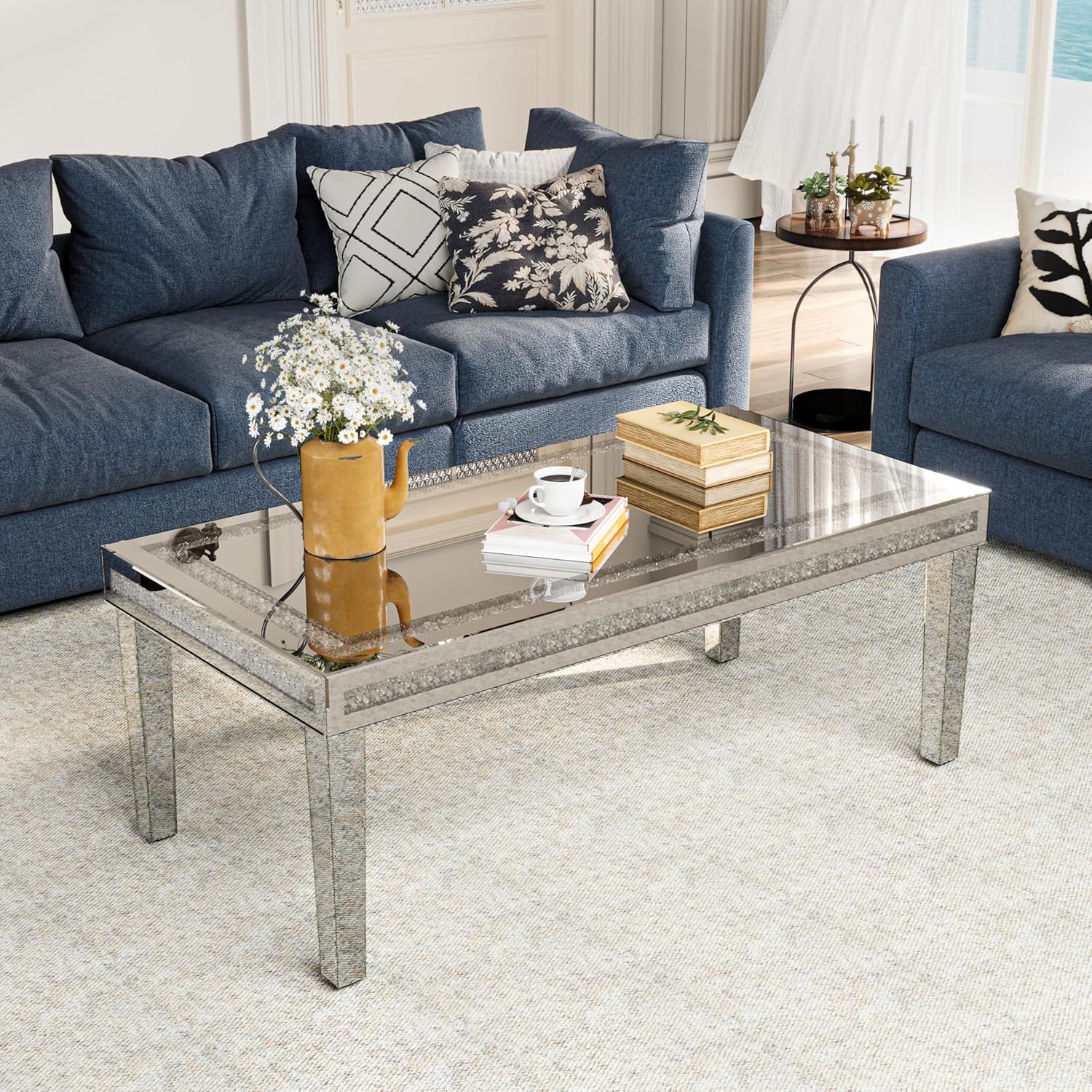 Couchtisch Silber Kristall Glas: Verspiegelte Couchtisch Kristall Beistelltisch rechteckig 120×60×45 cm, Luxus Glastisch Diamant Wohnzimmertisch für Wohnzimmer
