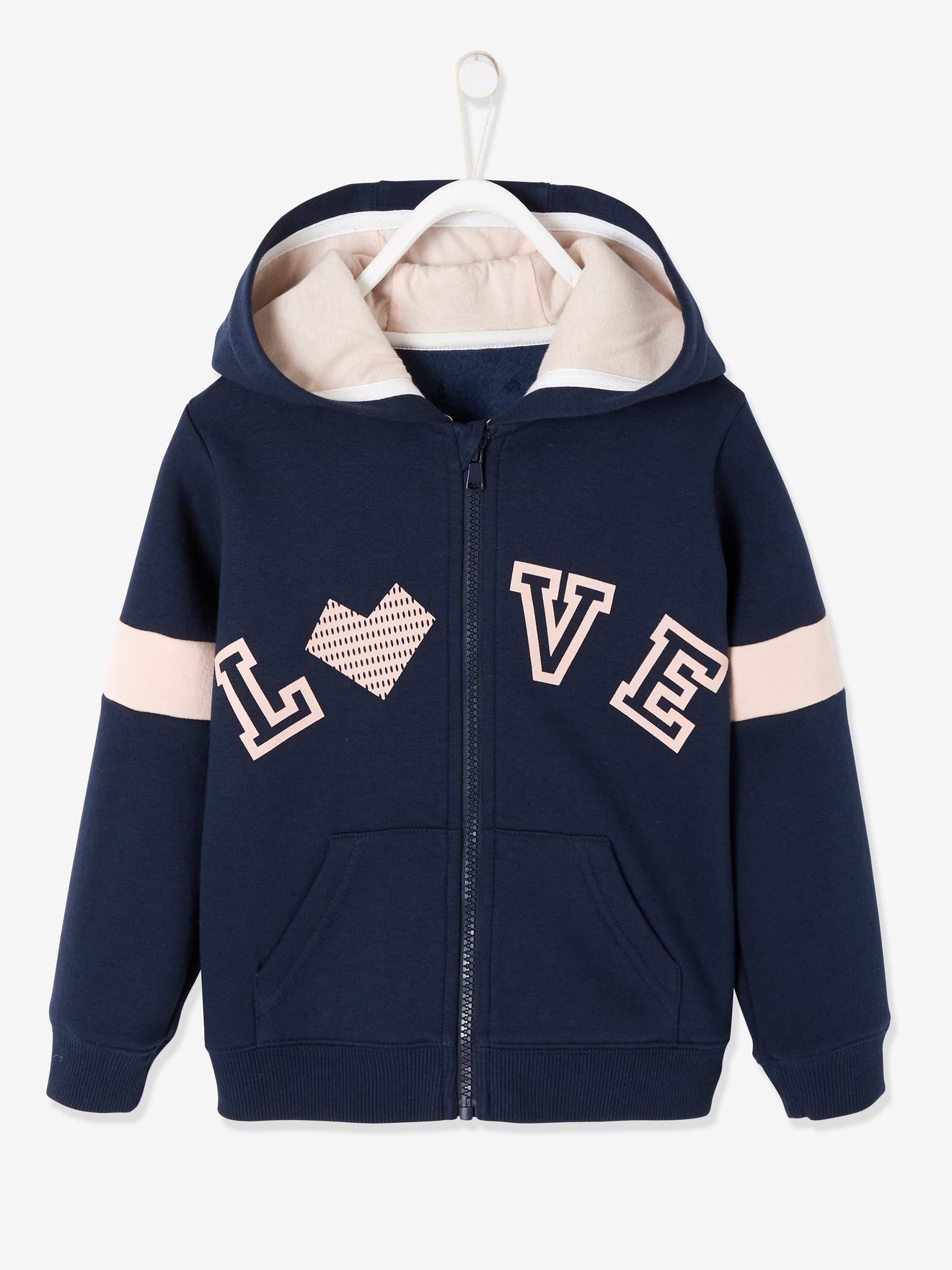 Blusa de moletom rosa claro lisa com zíper para meninas e detalhes estampados.