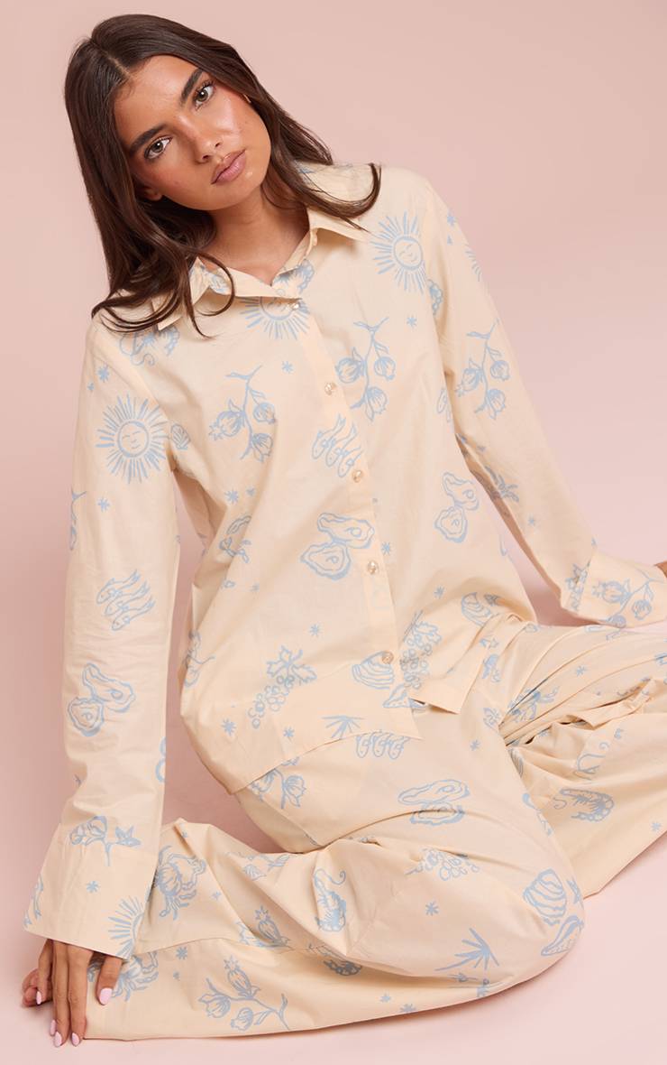 Beige Pyjama Large À Boutons Imprimé Bleu