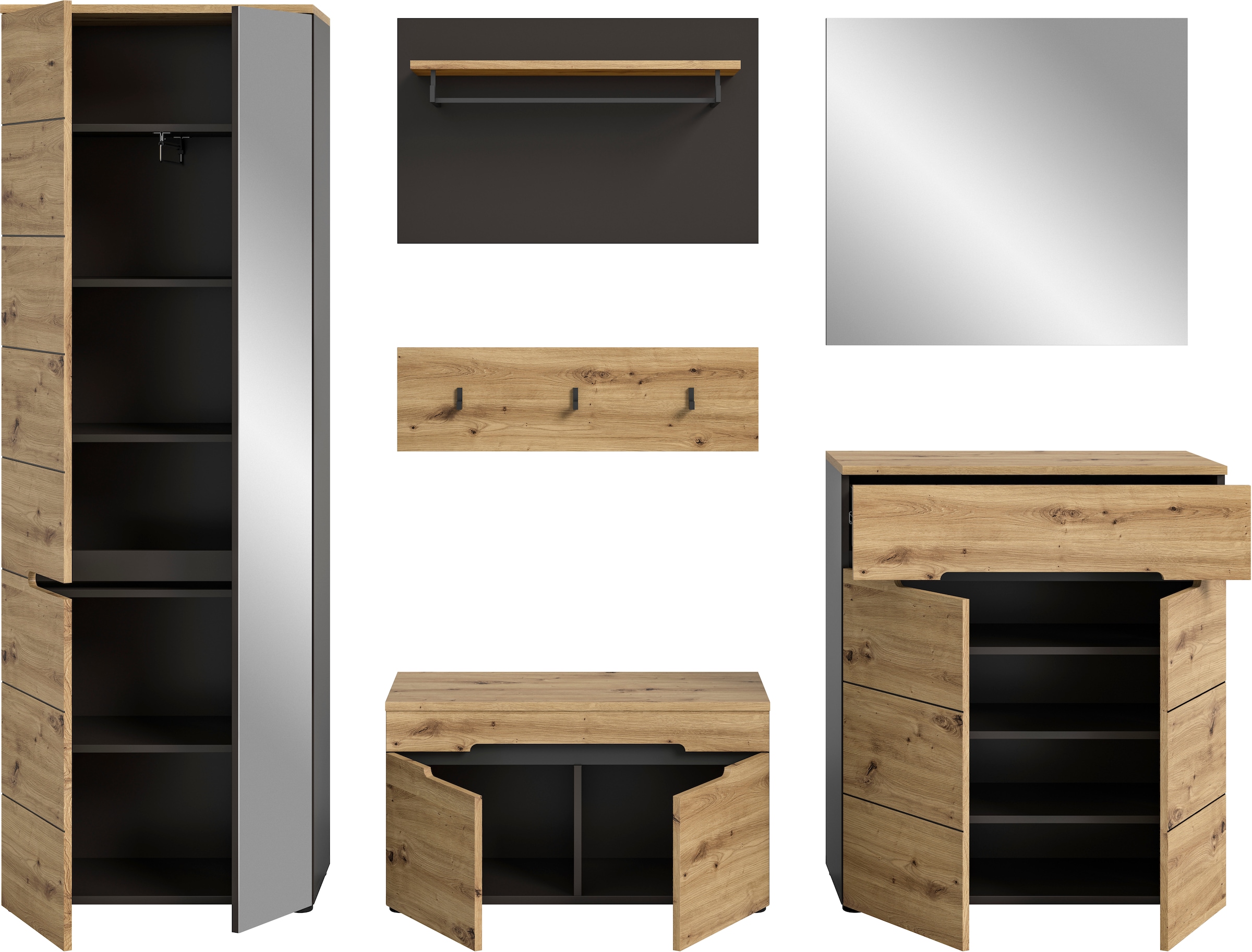 INOSIGN Garderoben-Set »Rehat, Garderobenkombination, Breite 255cm« Garderobenschrank, Sitzbank, Paneel, Hakenleiste, Spiegel, Kommode, 6 Stk. tlg.