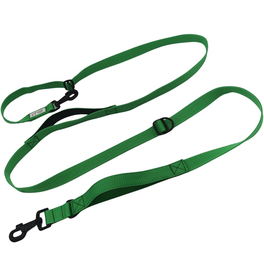 Guia para cães EGV com múltiplas posições e alça dupla de neoprene. Guia para cães que permite o uso com as mãos livres, 2,5 metros de comprimento. (Verde)