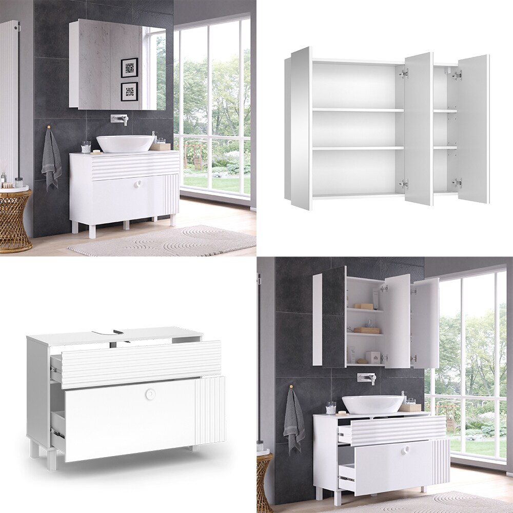 Vicco Badmöbel-Set Sola Weiß matt, moderne Serie, Badezimmer, dekorative Front Waschtischunterschrank Spiegelschrank