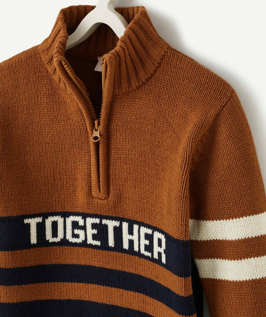 LE PULL EN TRICOT MARRON BLEU ET BEIGE AVEC ZIP ET ANIMATION