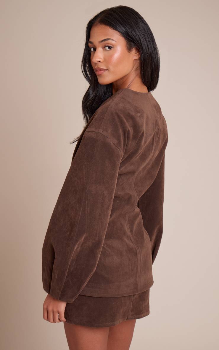 Marron Foncé Blazer Long Sans Col À Manches Cocon En Daim Avec Jupe Coordonnée
