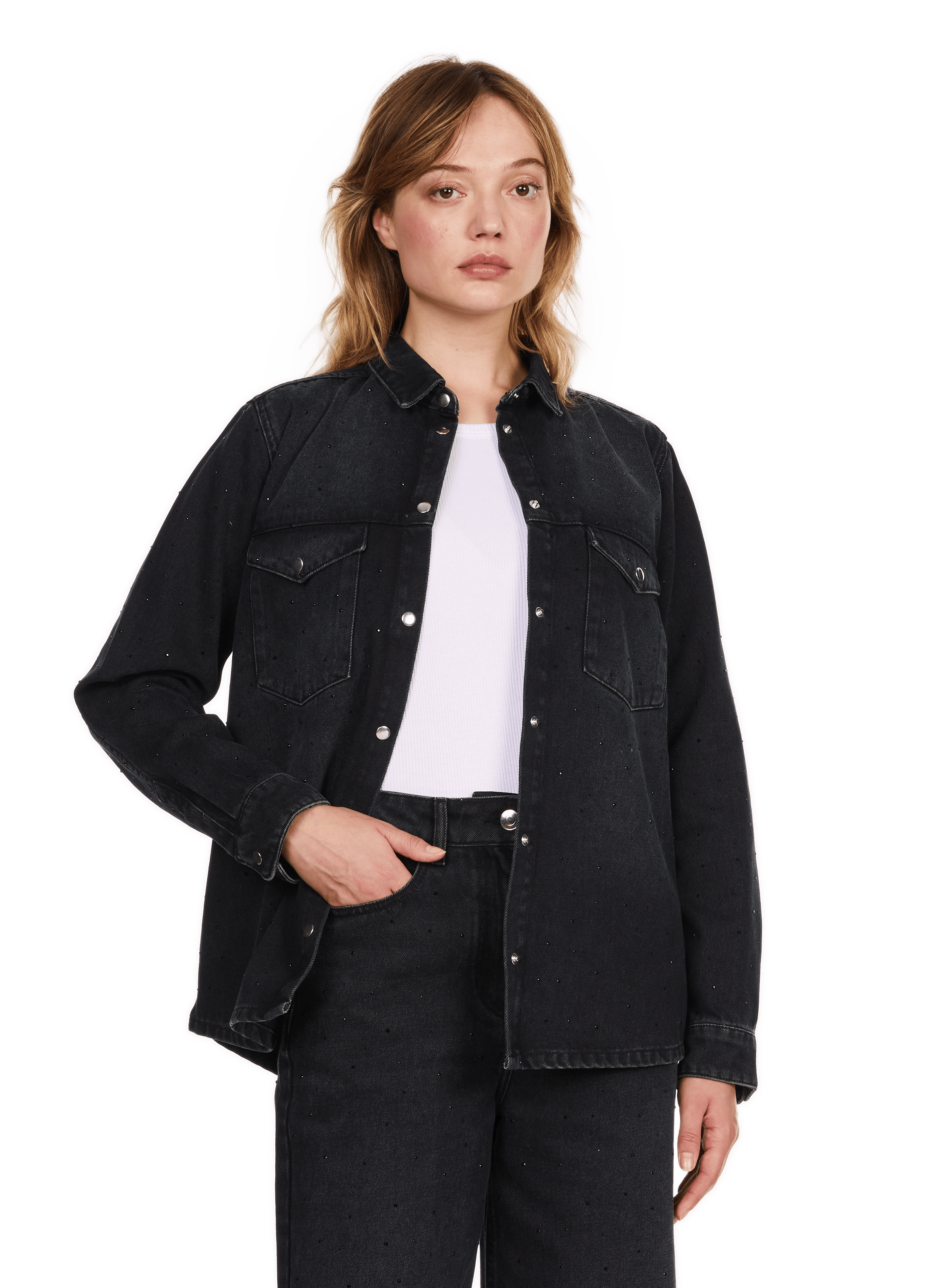 UVIK - Chemise droite en denim strassée| Noir