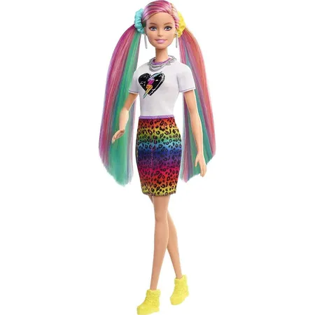 Barbie Leoparden Regenbogen-Haar Puppe mit Farbwechseleffekt, 16 Zubehörteilen