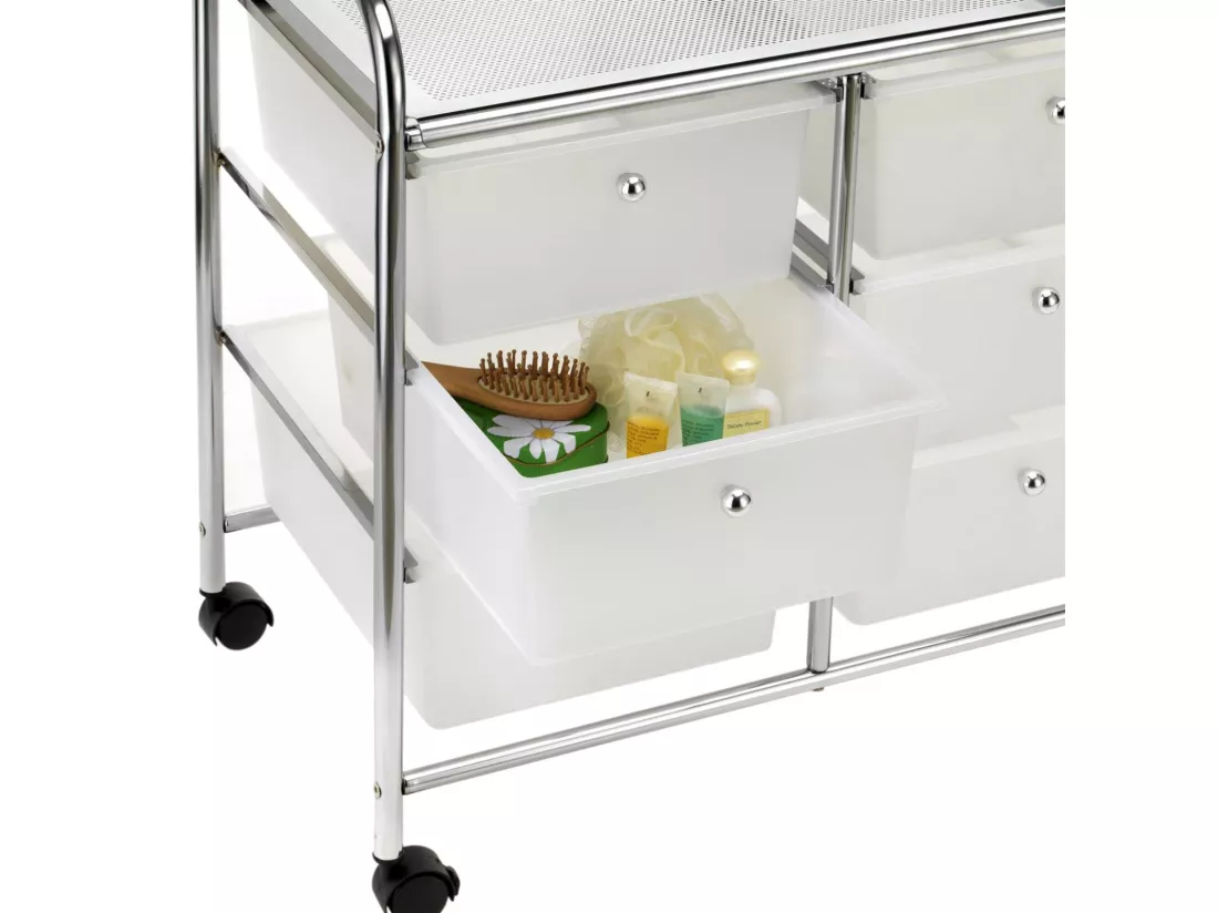 Caisson sur roulettes GINA chariot avec 6 tiroirs en plastique blanc transparent et 1 étagère, rangement salle de bain