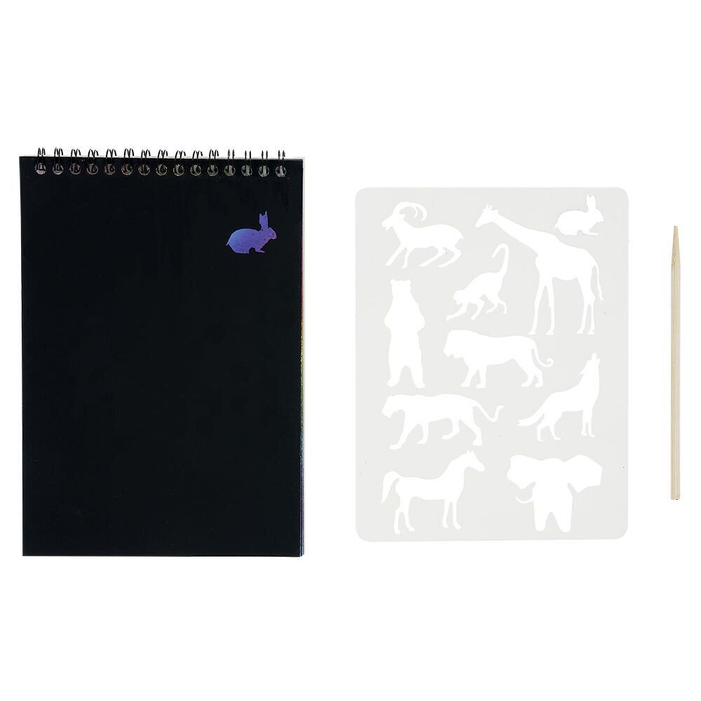 Carnet à gratter noir 8 pages pages + 1 pochoir + bâtonnet bois