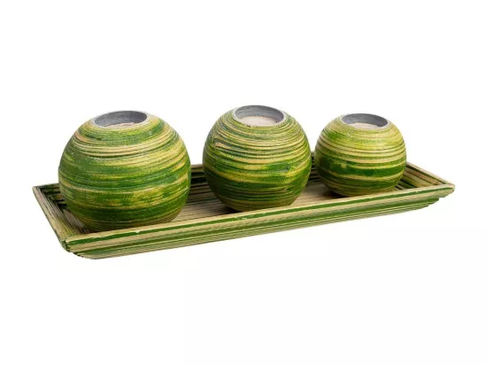 Ensemble plateau et 3 bougeoirs en bois de bambou vert 33x13x3h cm