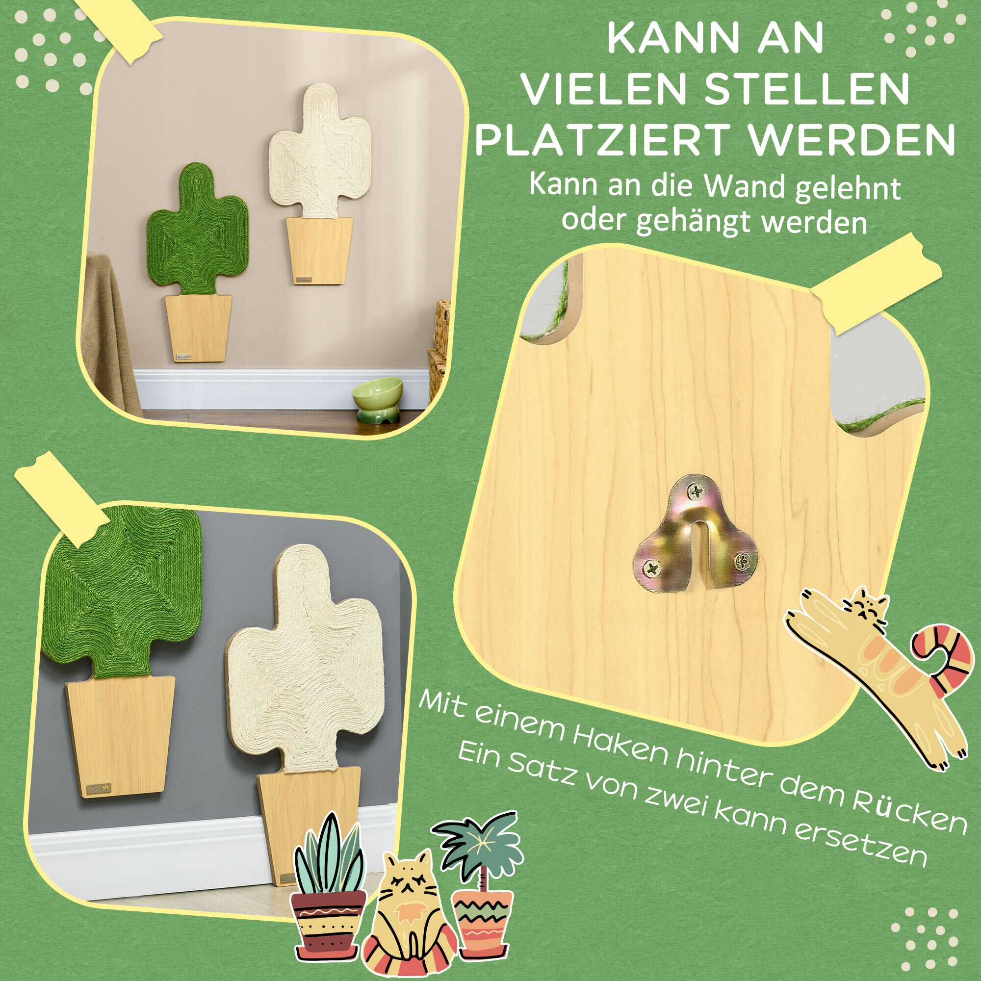 PawHut Kaktus Kratzmatte für die Wand grün, natur 30B x 60H cm