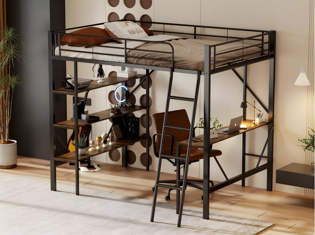 Lit mezzanine en fer - 90x200cm - avec bureau et 3 étagères - Noir