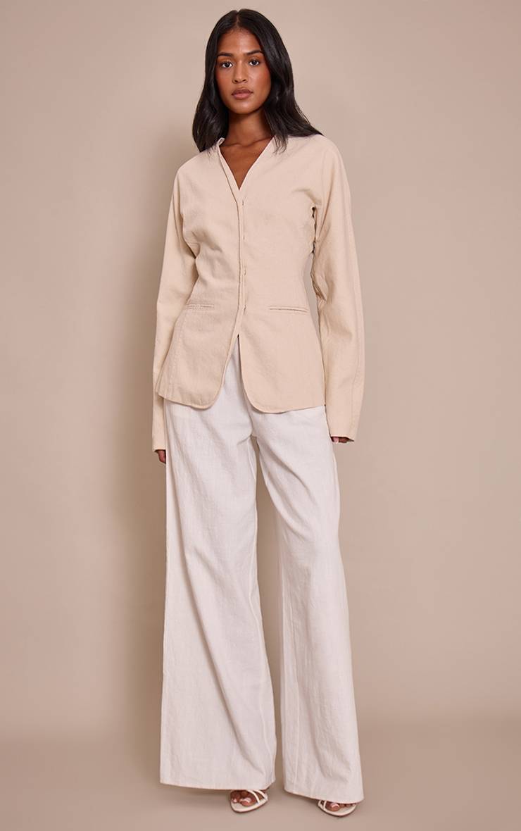 Ecru Blazer En Denim Ajusté À Ourlet Courbe Pour Grande Taille