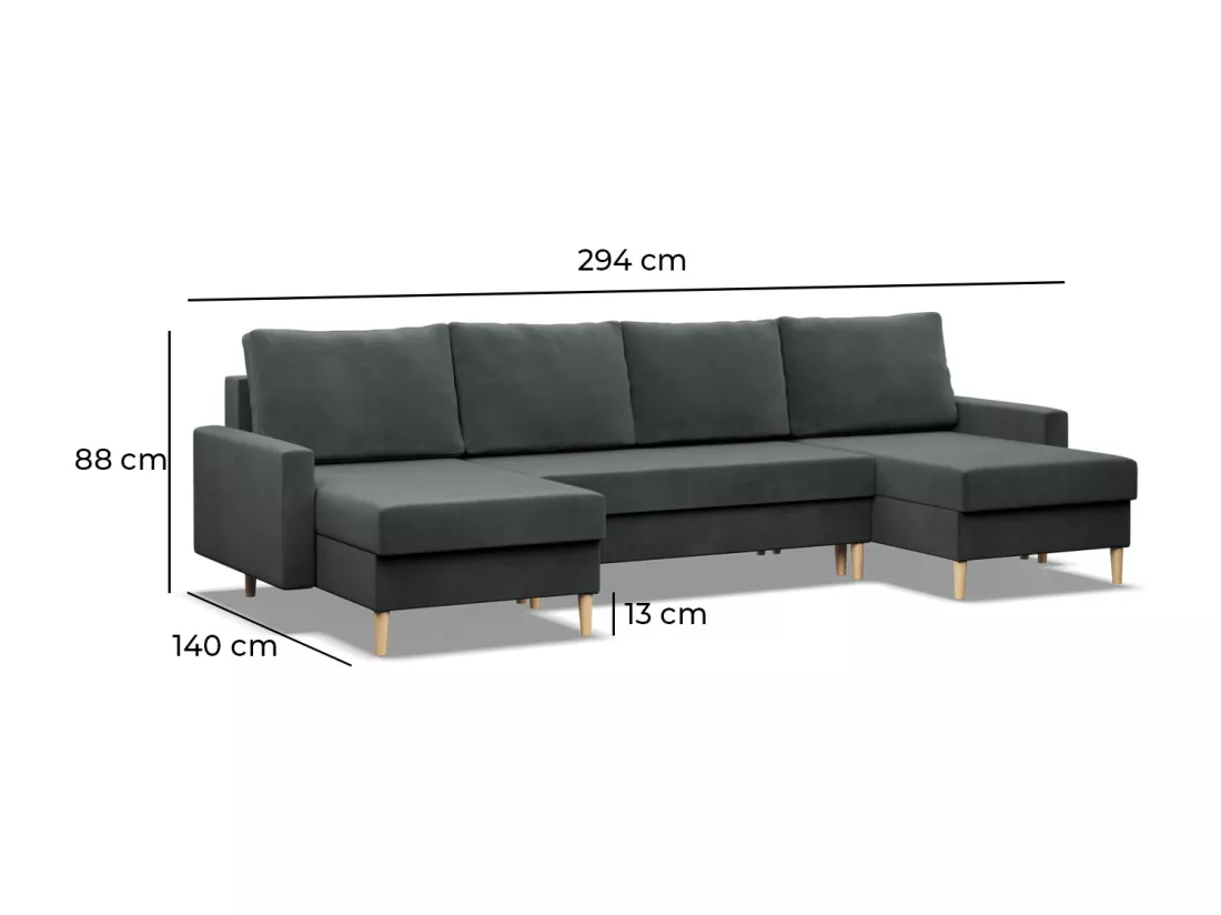 Grand Canapé d'angle en U avec fonction sommeil, Coussin réversible, Gris clair
