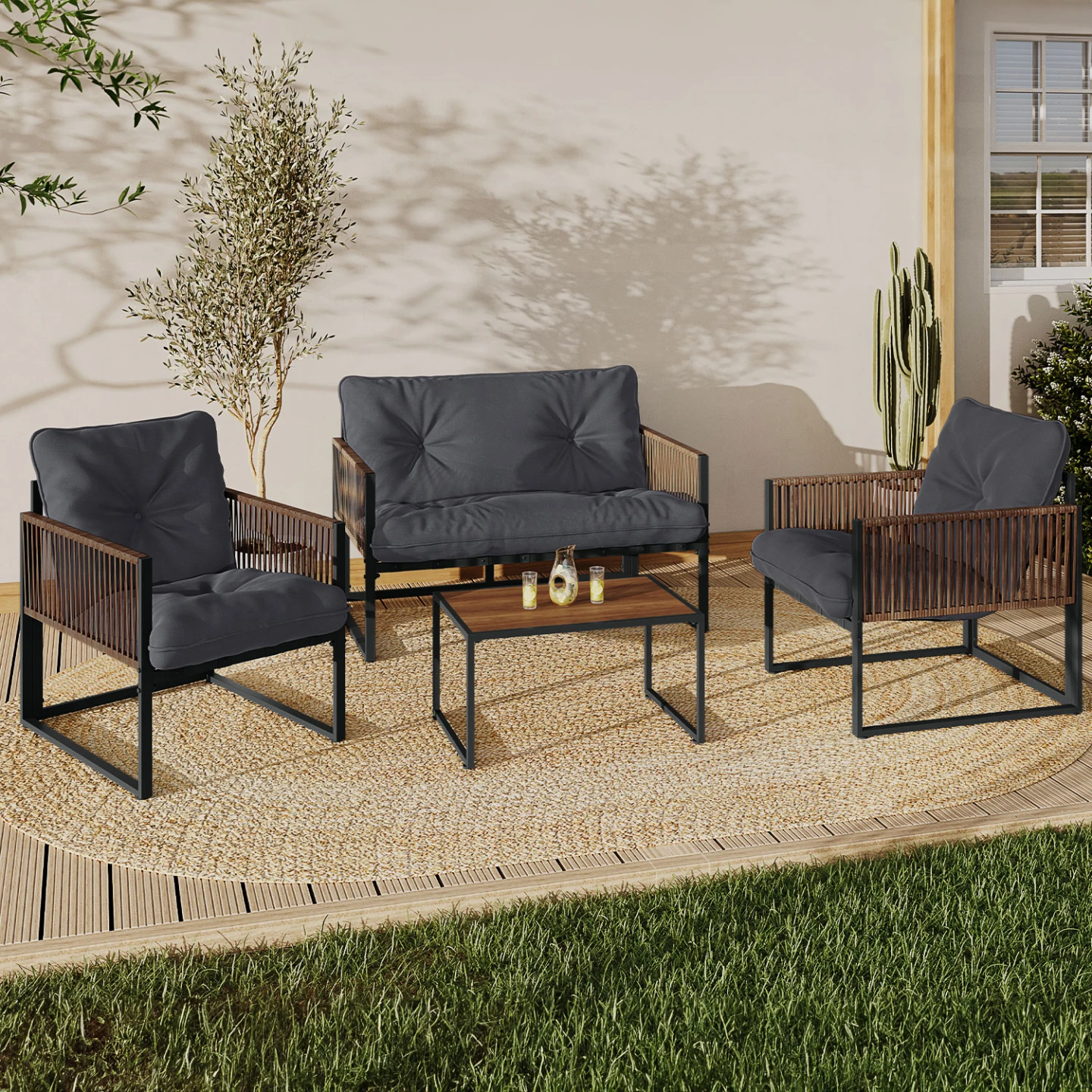 Salon de jardin bas RIO 4 places structure métal gris anthracite, cordage rotin et coussins gris