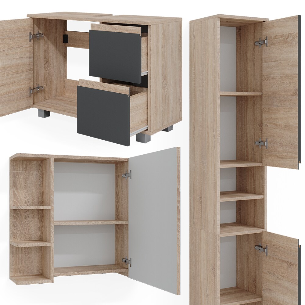 Vicco Badmöbelset J-shape Sonoma Anthrazit modern Badezimmer Schrank Badschrank Waschtischunterschrank Spiegelschrank Hochschrank Schranktür Schrankschublade Schrankfach Ablage Aufbewahrung