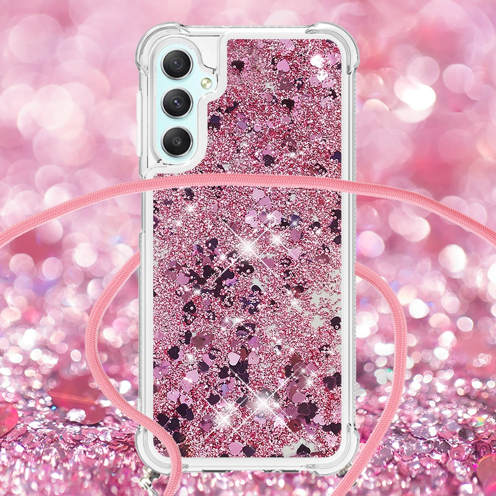 Samsung Galaxy A25 / A24 Necklace Gummi Hülle Liquid Glitzer   Handykette (130cm) - Pink / Roségold