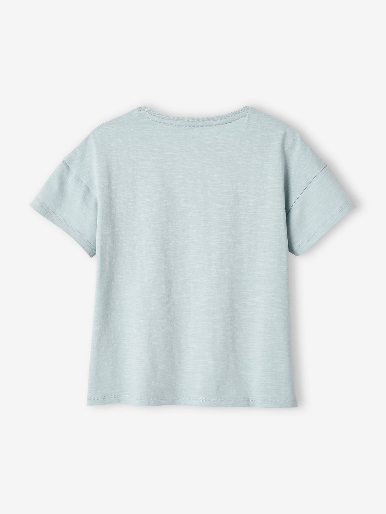 Camiseta azul-clara com franjas e detalhes iridescentes para meninas.