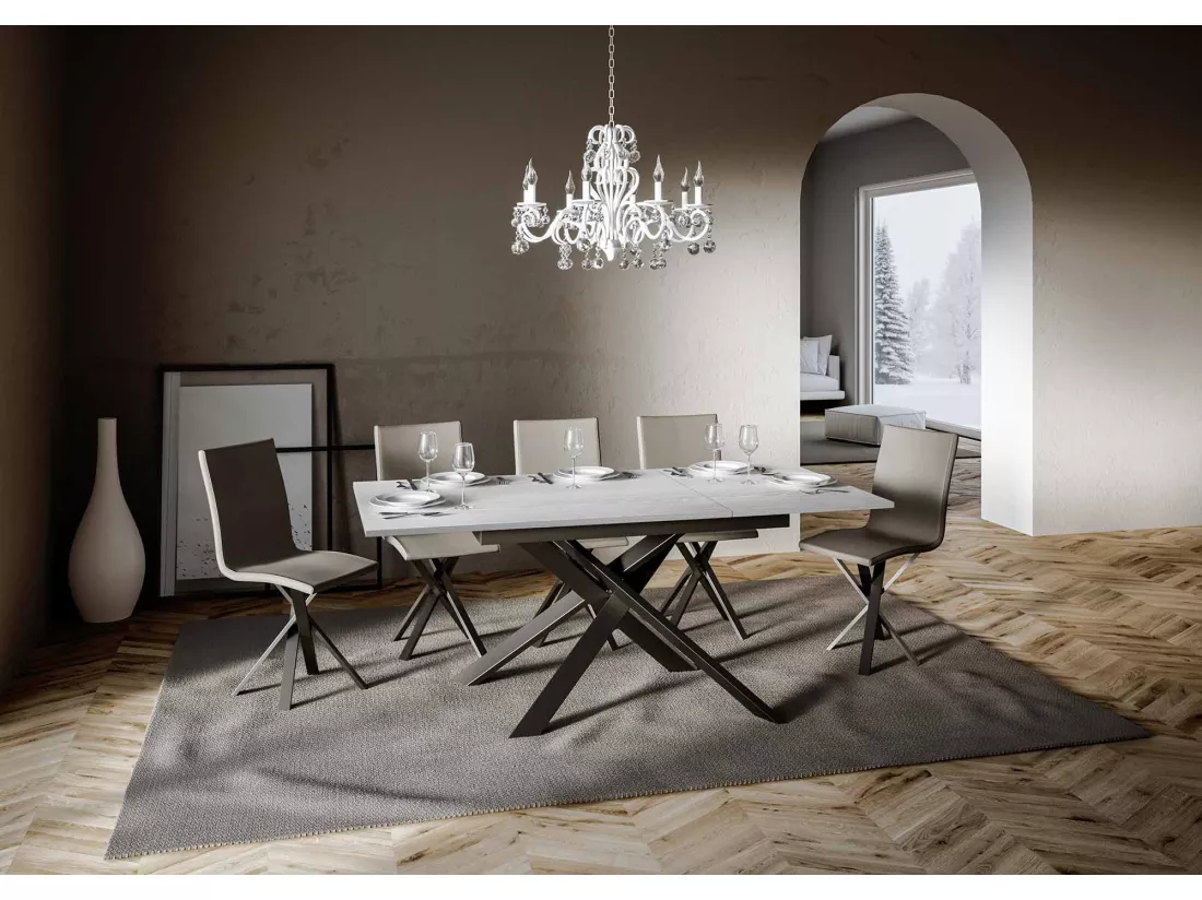 Table extensible 90x120/180 cm Ganty Frêne Blanc bande de chante en teinte cadre Anthracite
