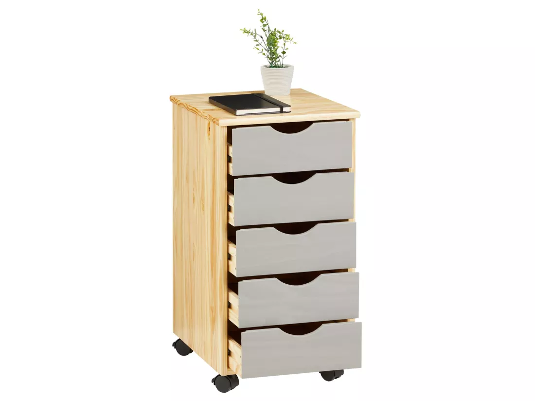 Caisson de bureau LAGOS meuble de rangement sur roulettes avec 5 tiroirs, en pin massif finition vernis naturel et lasuré gris