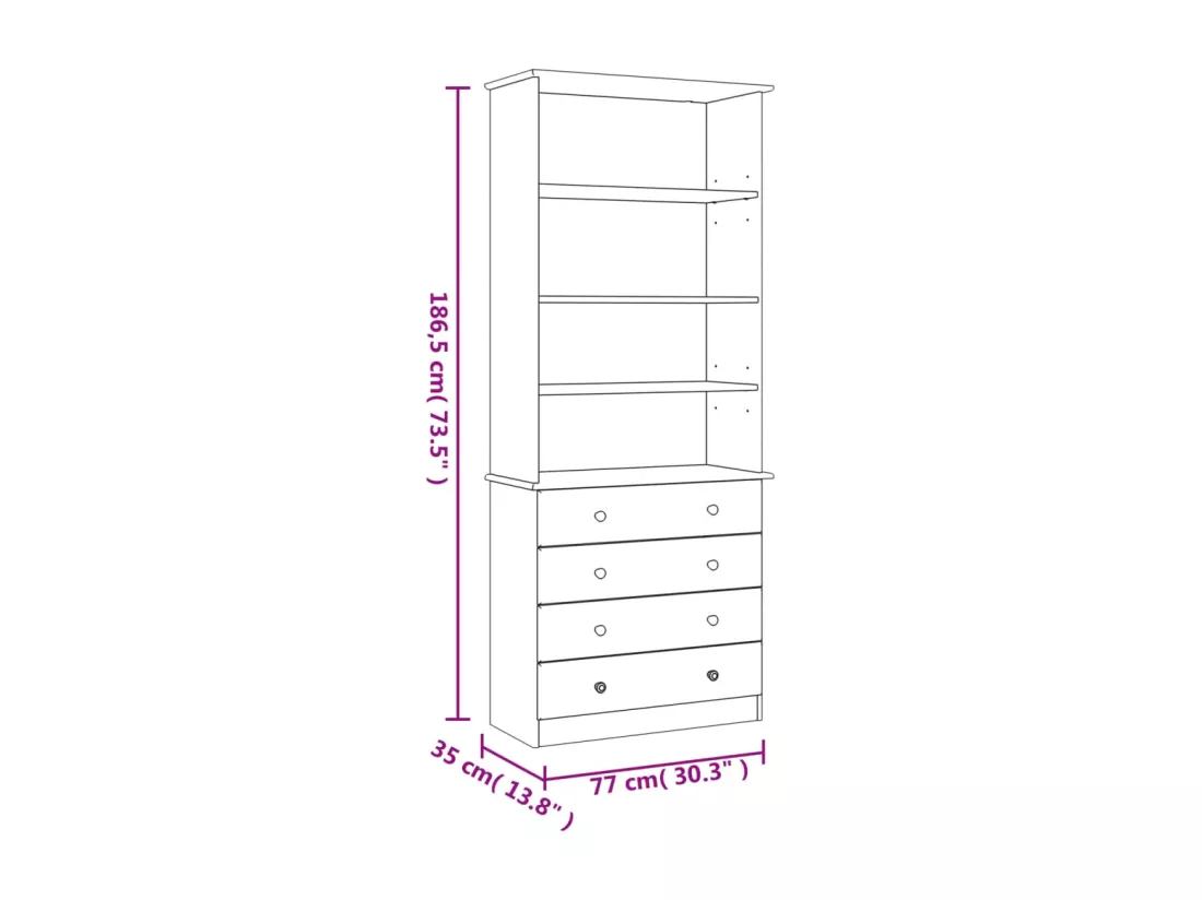 Bibliothèque tiroirs ALTA blanc 77x35x186,5cm bois massif pin